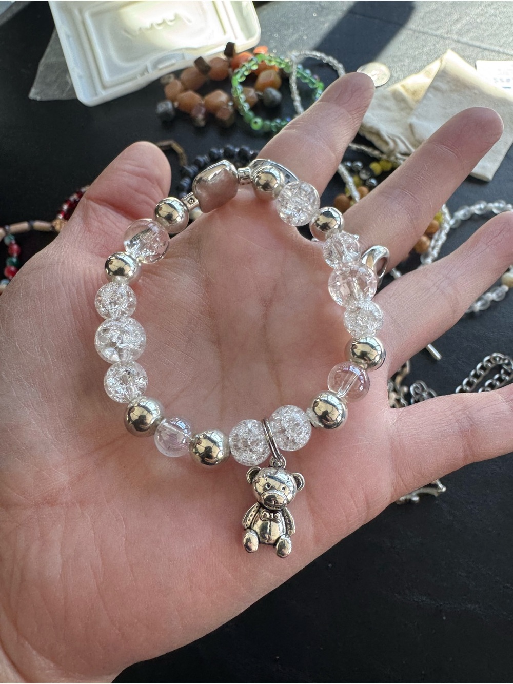 Silver-Tone Clear Crystal Bead Bracelet with Teddy Charm